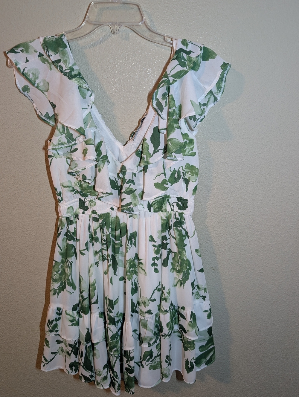 Abercrombie & Fitch XSP White & Green Floral Ruffle Mini Dress Flutter Sleeve